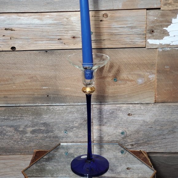 Romanian Crystal Tapered Candle Holder - Cobalt & Aegean Gold. Made in Romania - Picture 5 of 10